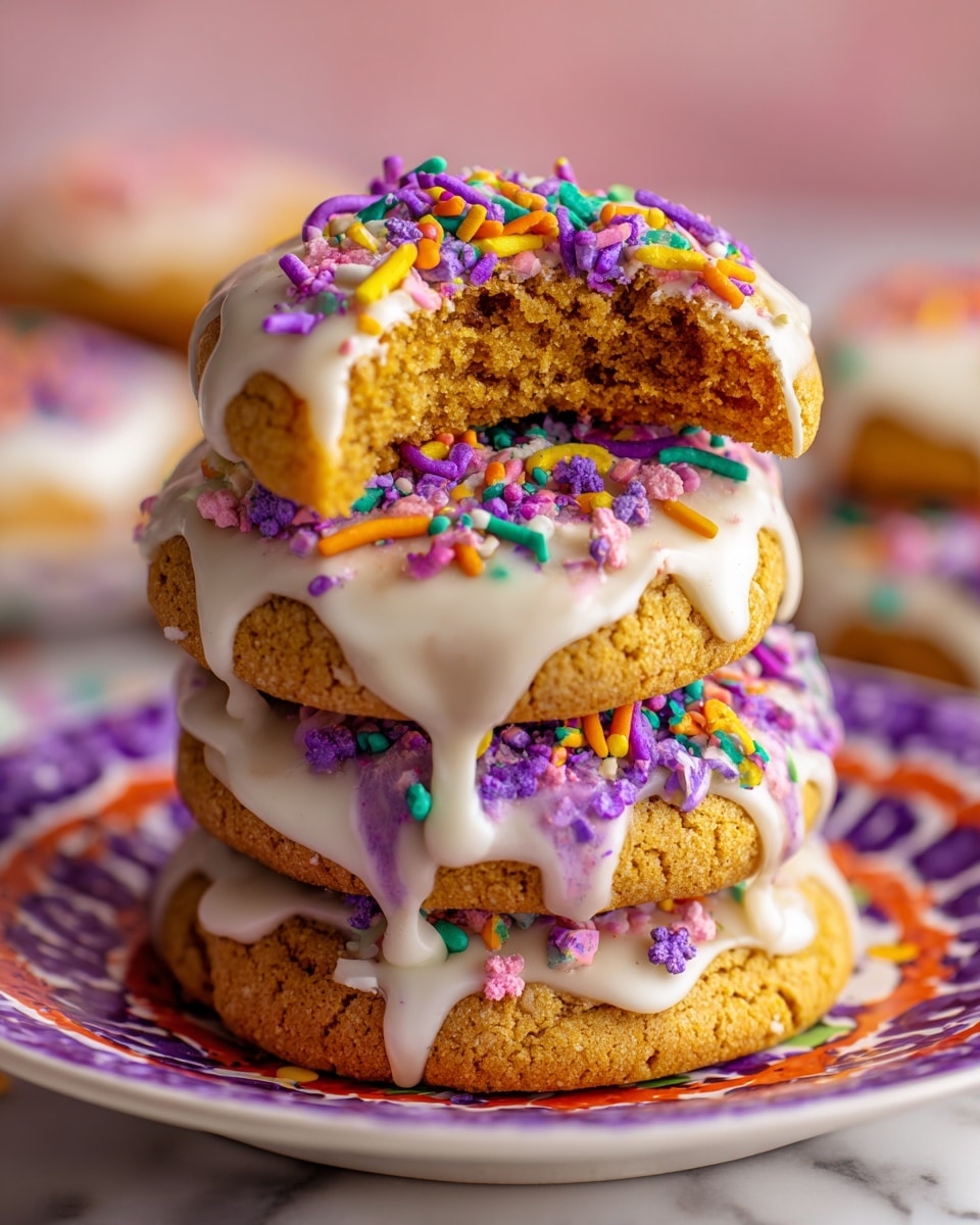 A stack of four thick, crumbly cookies is shown on a white plate with a purple and orange patterned rim. Each cookie has one main layer of golden brown dough topped with a layer of white icing that drips slightly down the sides. On top of the icing, there are colorful sprinkles in various shapes and bright colors like purple, yellow, green, orange, pink, and blue. The middle two cookies are shown broken in half, revealing their dense and soft inner texture. The background is softly blurred with a white marbled surface beneath the plate. photo taken with an iphone --ar 4:5 --v 7