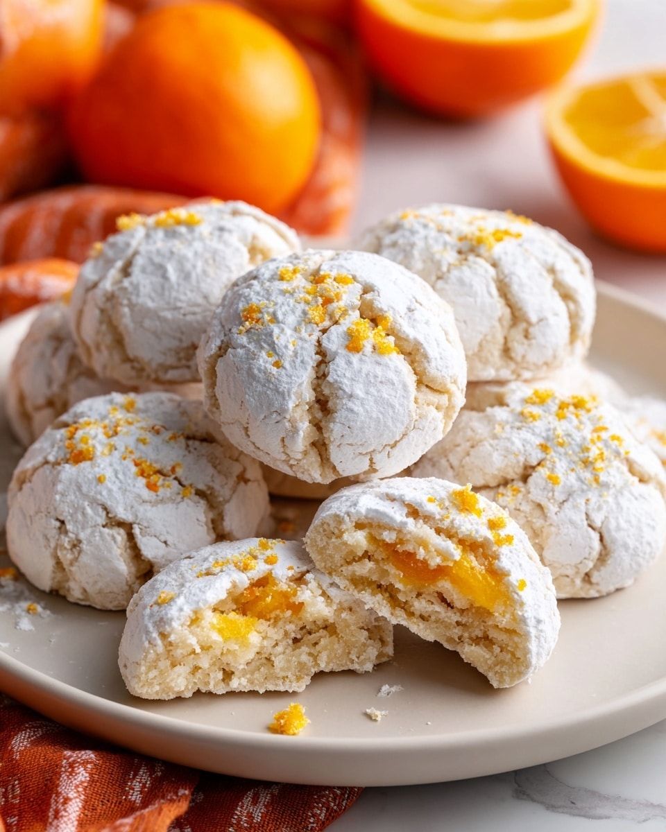 A pile of round cookies sits on a white plate set on a white marbled surface, each cookie coated in a layer of white powdered sugar that cracks to show a light golden yellow dough underneath, with two cookies broken in half revealing a soft, crumbly, yellow interior. The cookies have a slightly rough texture with small bits of orange zest sprinkled on top. In the background, there are two whole oranges and an orange cloth providing warm color contrast. Photo taken with an iphone --ar 4:5 --v 7