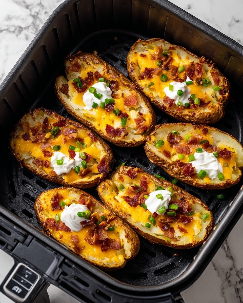 Five potato skins sit inside a black air fryer basket on a white marbled surface. Each potato skin has three visible layers: a crispy brown outer shell, a golden-yellow potato filling, and on top, a layer of melted yellow cheddar cheese mixed with small bits of crispy bacon. Dollops of white sour cream and chopped green onions are spread evenly on the cheese and bacon, adding color contrast. The potatoes look warm and freshly cooked, with a slightly wrinkled texture on the potato skin edges. Photo taken with an iphone --ar 4:5 --v 7