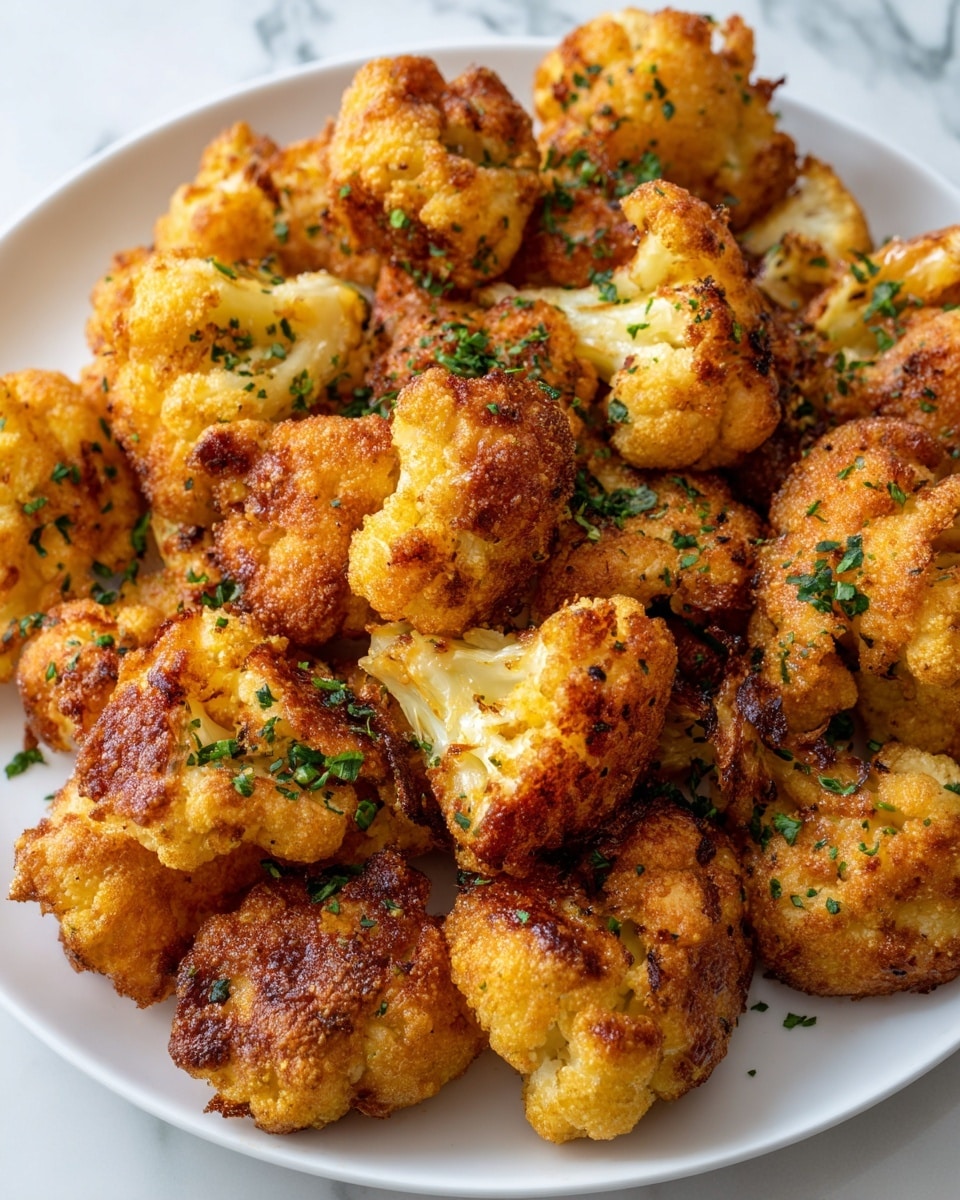 A white plate filled with one layer of golden brown, crispy fried cauliflower pieces. Each cauliflower floret is covered with a crunchy coating that has browned spots, showing a mix of textures from rough to crumbly. Small green herb bits are sprinkled evenly on top, adding a fresh color contrast. The cauliflower pieces are closely packed, showing details of the fried crust and softer white cauliflower inside. The background is a white marbled surface. photo taken with an iphone --ar 4:5 --v 7