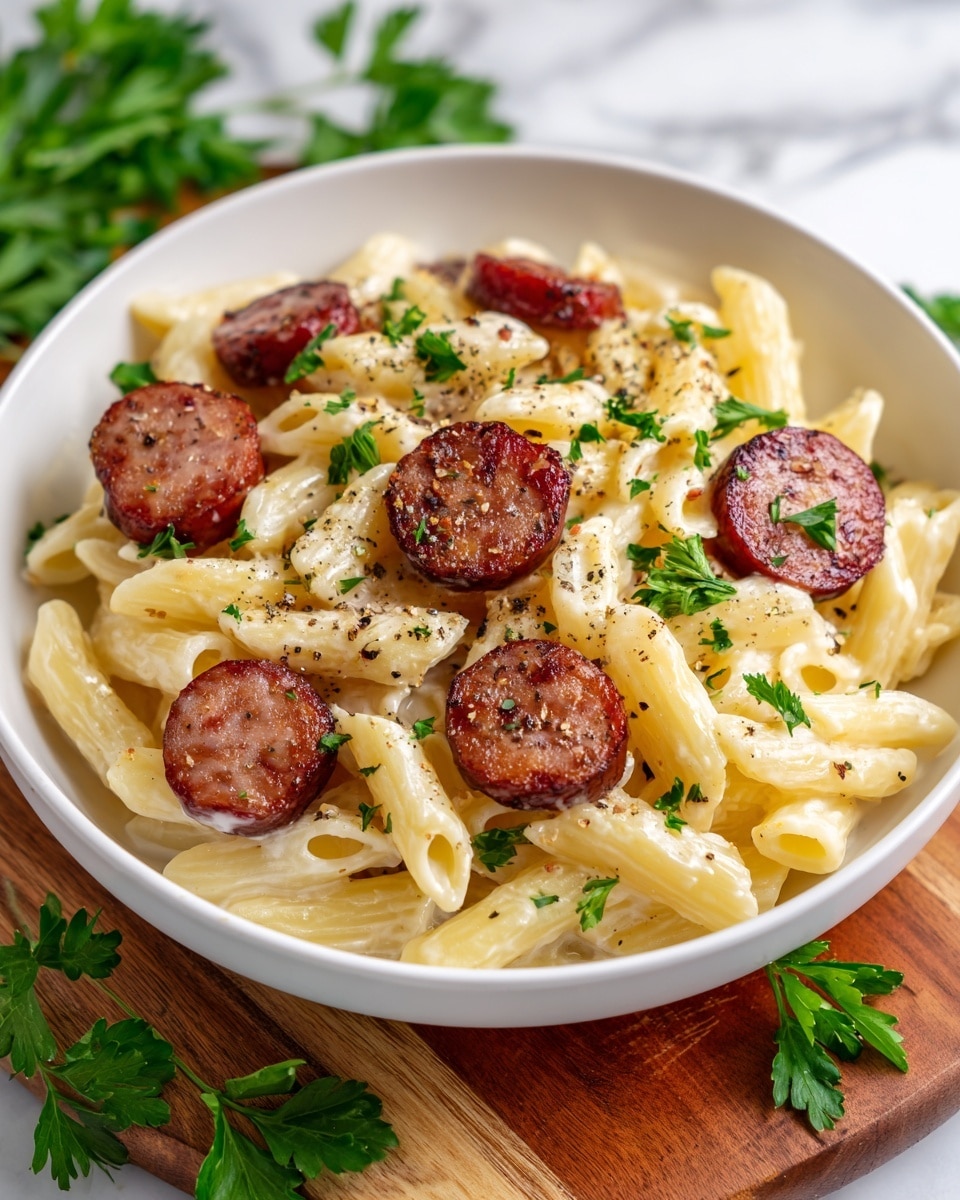 A white bowl filled with creamy penne pasta as the bottom layer, showing a pale yellow color with a smooth texture. On top, slices of browned sausage are arranged evenly around the center, each piece showing a slightly crispy, juicy surface with a reddish-brown color. The dish is garnished with small green parsley leaves scattered over the pasta and sausage, along with a light sprinkling of black pepper. The bowl rests on a wooden board with sprigs of fresh parsley around it, all set on a white marbled surface. photo taken with an iphone --ar 4:5 --v 7