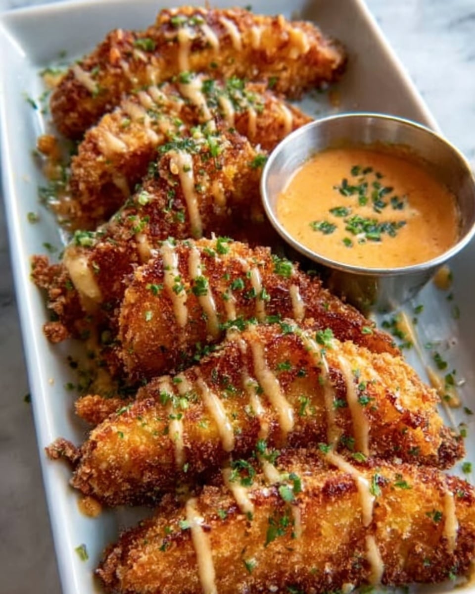 A white rectangular plate holds six golden brown fried chicken tenders arranged close together. Each tender is crispy with a crunchy texture and lightly drizzled with a creamy pale orange sauce. Small green herb pieces are sprinkled evenly over the chicken. At the top right corner of the plate, there is a small round white bowl filled with a thick creamy orange dipping sauce, topped with tiny green herbs. The plate is placed on a white marbled surface. Photo taken with an iphone --ar 4:5 --v 7