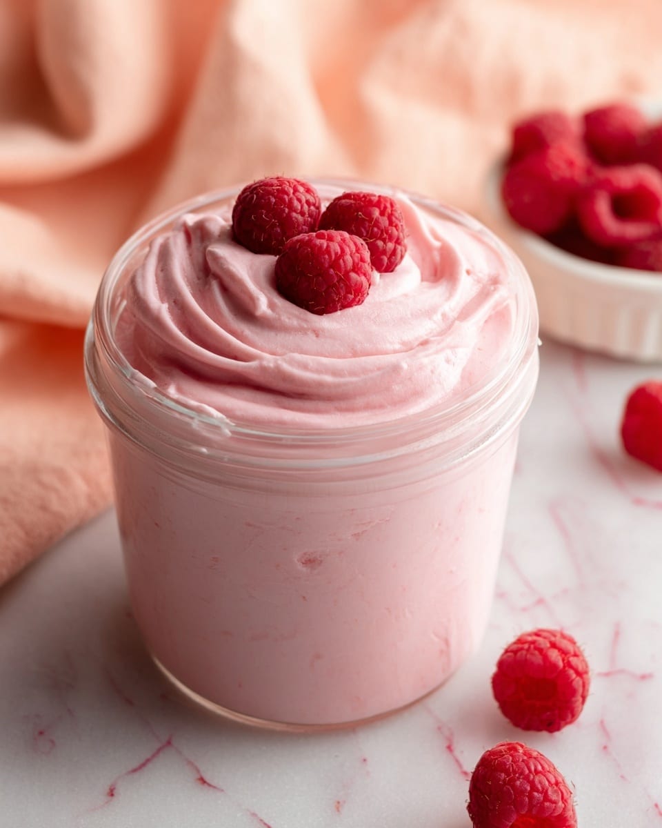 A clear glass cup filled with creamy raspberry pink ice cream, smooth and thick in texture, with three fresh red raspberries placed in the middle on top of the ice cream, the surface swirled around the center showing soft peaks and curves. The background is a white marbled texture with a soft peach cloth blurred in the back and additional raspberries scattered around. Photo taken with an iphone --ar 4:5 --v 7