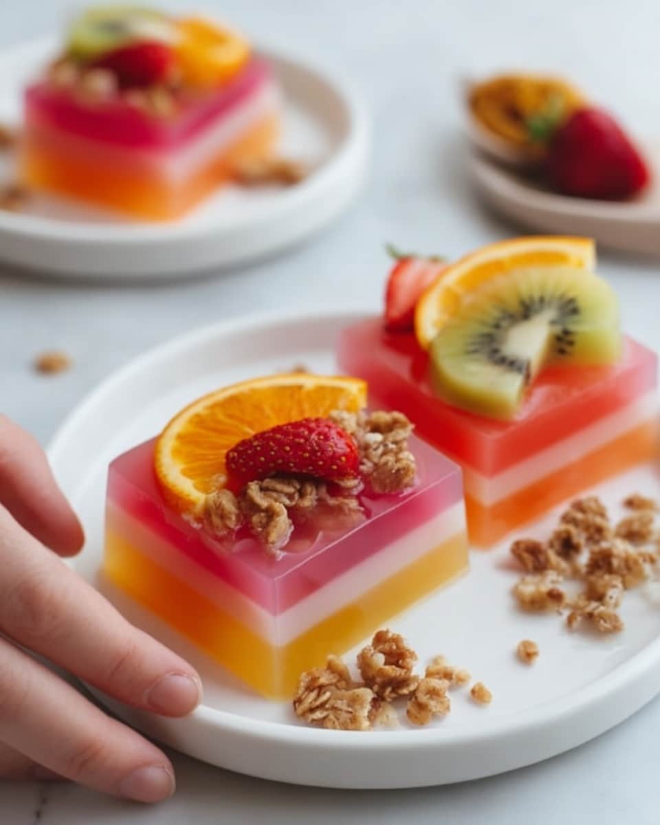 The image shows two square jelly desserts on a white plate with a white marbled background. Each jelly has three clear, colorful layers in shades of pink, orange, and yellow stacked evenly from bottom to top. On top of each jelly, there are fresh fruit pieces including a slice of orange, a strawberry cut in half, a kiwi slice, and a small red fruit piece, all arranged neatly. Around the jellies, there are small clusters of granola sprinkled on the plate. A woman's hand is slightly touching one of the plates in the background. photo taken with an iphone --ar 4:5 --v 7