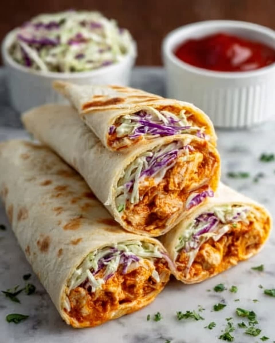 The image shows three stacked wraps on a white plate, placed on a white marbled surface. Each wrap is cut in half, revealing three layers inside: the outer soft tortilla is light beige; inside, there is a thick, orange creamy layer that looks like a sauce mixed with shredded chicken; topped with a crunchy slaw made of thin white and purple cabbage strands with small green herb bits. In the background, there are two small white bowls, one filled with white and purple cabbage slaw and the other with a red sauce. The photo is taken with an iphone --ar 4:5 --v 7