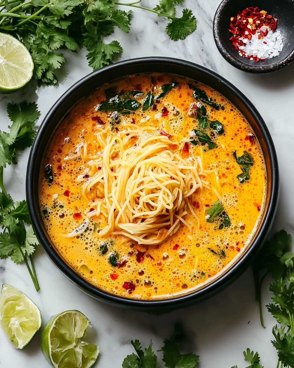 A black bowl filled with creamy orange soup with thin, light yellow noodles piled in the center, surrounded by scattered bright green cilantro leaves and a lime wedge on the right side. The soup surface shows red chili flakes and a few dark green leafy pieces, with the rich broth slightly frothy and textured. Around the bowl on a white marbled surface are fresh cilantro sprigs, half a lime, and a small gray bowl with coarse salt and red chili flakes. photo taken with an iphone --ar 4:5 --v 7