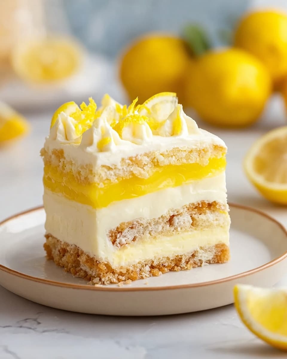 A square piece of lemon cake is placed on a white plate with a light brown rim. The cake has four layers that alternate between soft, light beige cake and creamy white frosting with pale yellow lemon curd in between. The top layer is thick white cream topped with small, bright yellow lemon wedges. The background shows whole and halved lemons blurred softly on a white marbled surface. Photo taken with an iphone --ar 4:5 --v 7