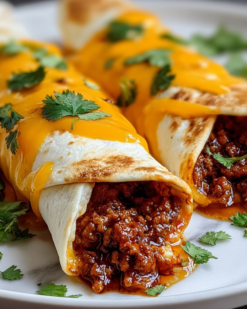 The image shows two tacos on a white plate on a white marbled surface. Each taco has a soft, lightly toasted tortilla shell, folded and filled with a rich, brown ground meat mixture that looks juicy and well-seasoned. On top of the meat, there is a layer of melted cheddar cheese, bright orange in color, that drips slightly over the edges. Fresh green cilantro leaves are scattered on both the tacos and the plate, adding a pop of color and freshness. The tacos are close together with savory juices pooling a little on the plate underneath. photo taken with an iphone --ar 4:5 --v 7