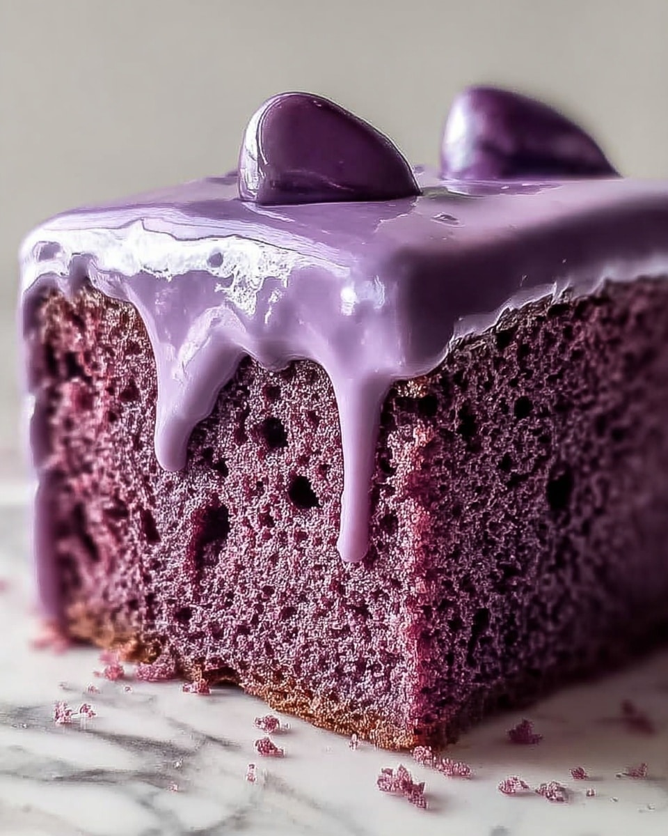A square slice of purple cake with a thick layer of smooth, glossy purple icing that drips slightly down the sides, sitting on a white marbled surface. The cake itself has a dense, moist texture with small holes and a rich, deep purple color throughout. Two glossy pieces of what appear to be purple toppings rest on top of the icing near the upper edge. The light reflects off the icing, highlighting its shine and smooth finish. photo taken with an iphone --ar 4:5 --v 7
