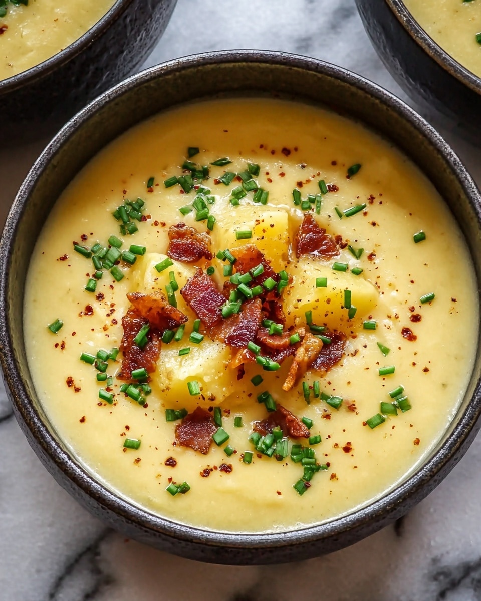 The image shows a close-up of a creamy soup served in a dark bowl placed on a white marbled surface. The soup base is smooth and pale yellow in color. On top, scattered chunks of yellow potato pieces create the first layer of texture. Crispy, crumbled bacon bits in dark reddish-brown add a crunchy second layer, sprinkled evenly. Small bright green pieces of chopped chives are spread on top, forming the final layer, providing a fresh contrast of color. The soup has a sprinkling of black ground pepper and a dash of reddish spice, likely paprika, adding depth to the visual texture. photo taken with an iphone --ar 4:5 --v 7