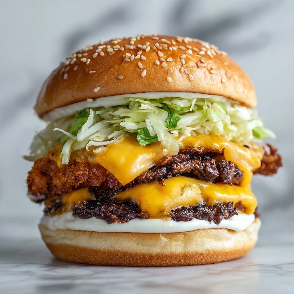 A close-up of a burger showing three layers of sesame seed bun. The top bun sits on a thick layer of shredded green lettuce and thin slices of white onion. Below is a crispy, golden brown fried patty, followed by a layer of melted bright orange cheese. Underneath the cheese are two grilled beef patties that are dark brown with a slightly charred texture. The bottom bun is soft and slightly toasted. The burger looks juicy and fresh, placed on a white marbled surface. Photo taken with an iphone --ar 4:5 --v 7
