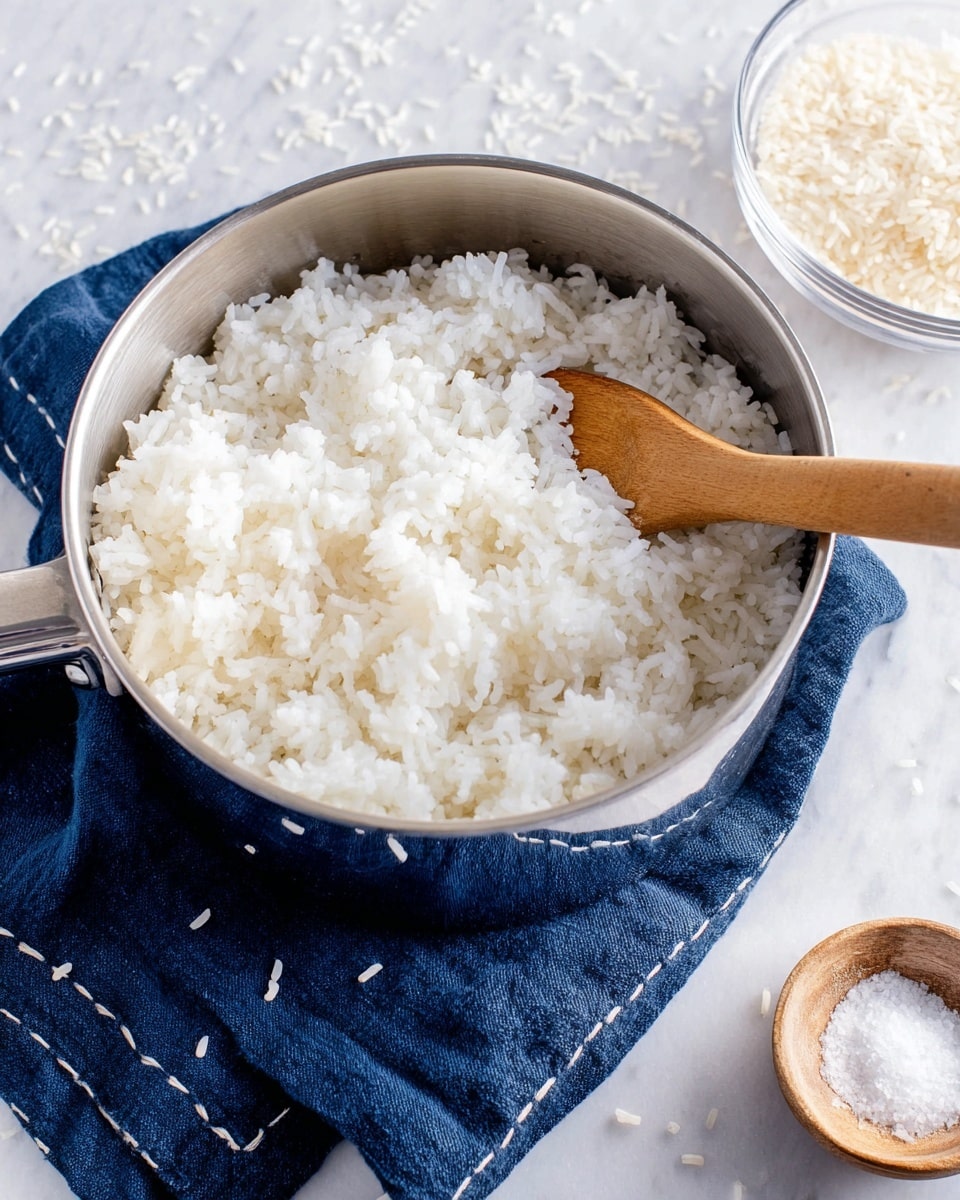 A shiny silver pot full of fluffy white cooked rice with a wooden spoon inside it, the rice looks soft and slightly sticky with individual grains visible; the pot sits on a dark blue cloth with fine edges, on a white marbled surface scattered with some rice grains. Next to the pot, there is a clear glass bowl filled with raw white rice and a small wooden bowl with coarse salt. Photo taken with an iphone --ar 4:5 --v 7