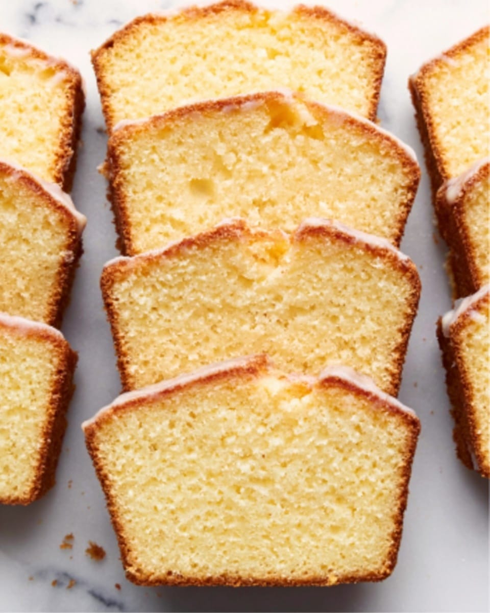 The image shows five slices of yellow pound cake with a soft, dense texture and slightly browned edges, arranged neatly on a white marbled surface. The slices have a moist crumb inside, with a light crust on top. Each piece is rectangular with rounded edges, and the cake's surface is smooth with a few tiny air holes visible. photo taken with an iphone --ar 4:5 --v 7
