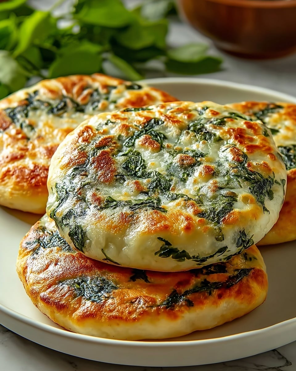 The image shows three thick, round flatbreads stacked on a white plate with a brown rim, placed on a white marbled surface. Each flatbread has a golden brown, slightly shiny crust with dark green spinach leaves baked into the dough, creating a speckled pattern across the soft, light beige bread. The bakings show a mix of smooth and bubbly textures, highlighting the fresh spinach spread evenly through the top and sides. The flatbreads look fluffy, well-risen, and slightly crispy on the outside, with one resting on top of the other two. In the background, there is a blurred green leafy garnish and a small white bowl with a creamy white sauce. Photo taken with an iphone --ar 4:5 --v 7