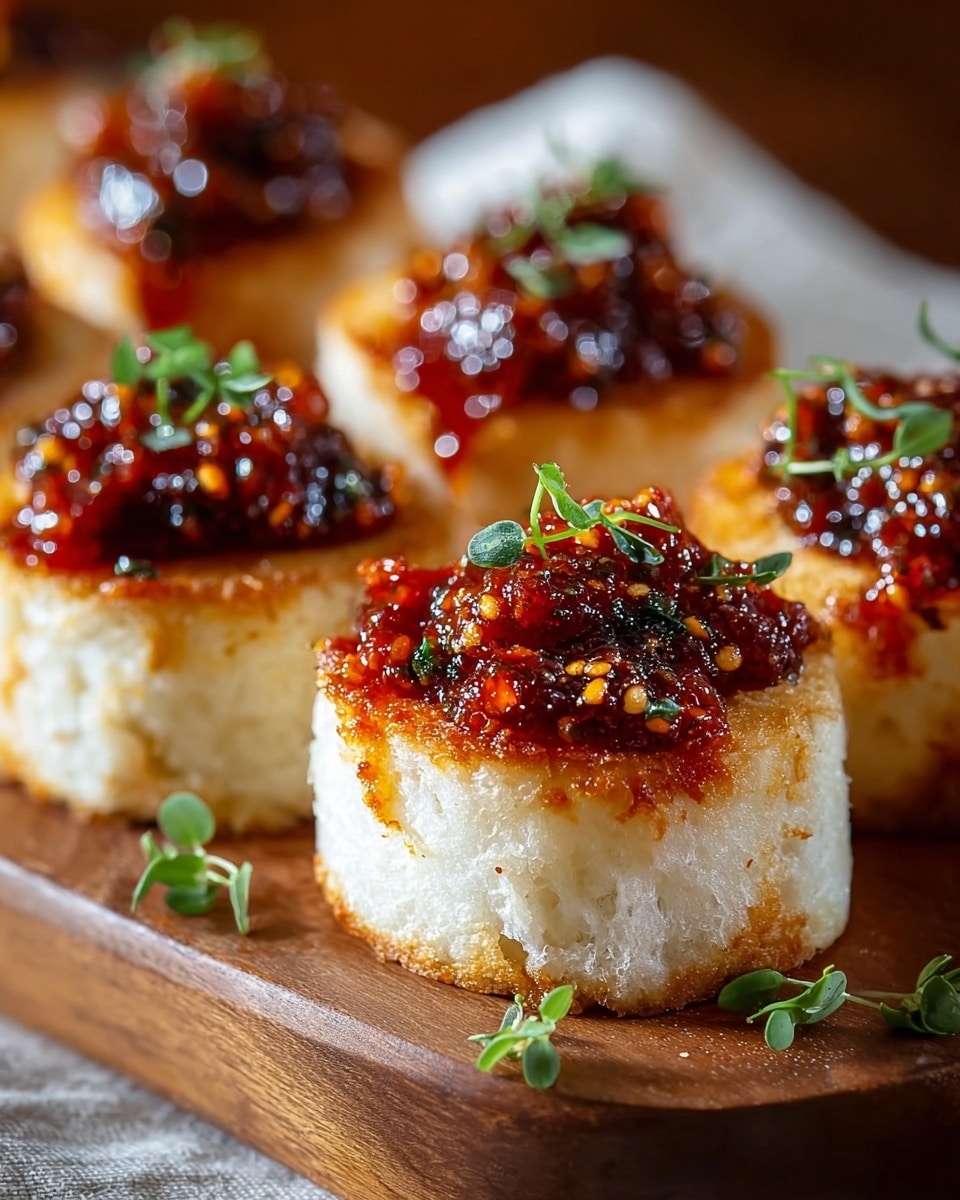 The image shows small round appetizers arranged on a wooden board, each having two main layers. The bottom layer is thick, white, and soft with a crumbly texture, while the top layer is golden brown and crispy with a slight shine. On top of each is a glossy, deep red chunky sauce with visible seeds, giving a sticky and textured look. Small green leaves are scattered on top of the sauce and around the base of the appetizers, adding contrast and freshness. The background is a white marbled texture. photo taken with an iphone --ar 4:5 --v 7