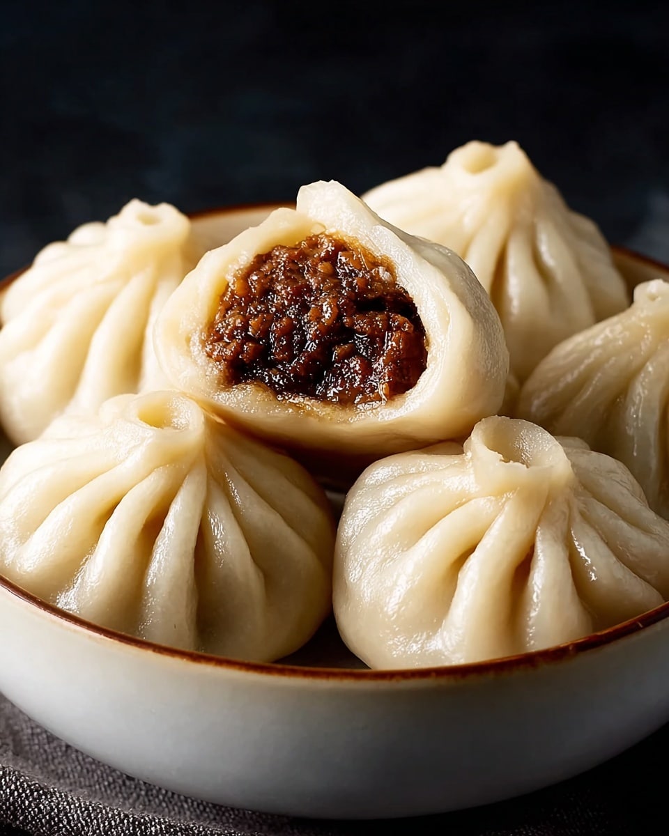 A close-up view of six steamed dumplings with smooth, shiny, white wrappers gathered at the top with neat folds. One dumpling is cut open and placed on top, revealing a rich, dark brown filling with a moist, chunky texture. The dumplings are set in a white bowl with a slightly rounded edge, resting on a soft fabric with a white marbled texture as the surface. The background is dark, making the dumplings stand out clearly. Photo taken with an iphone --ar 4:5 --v 7