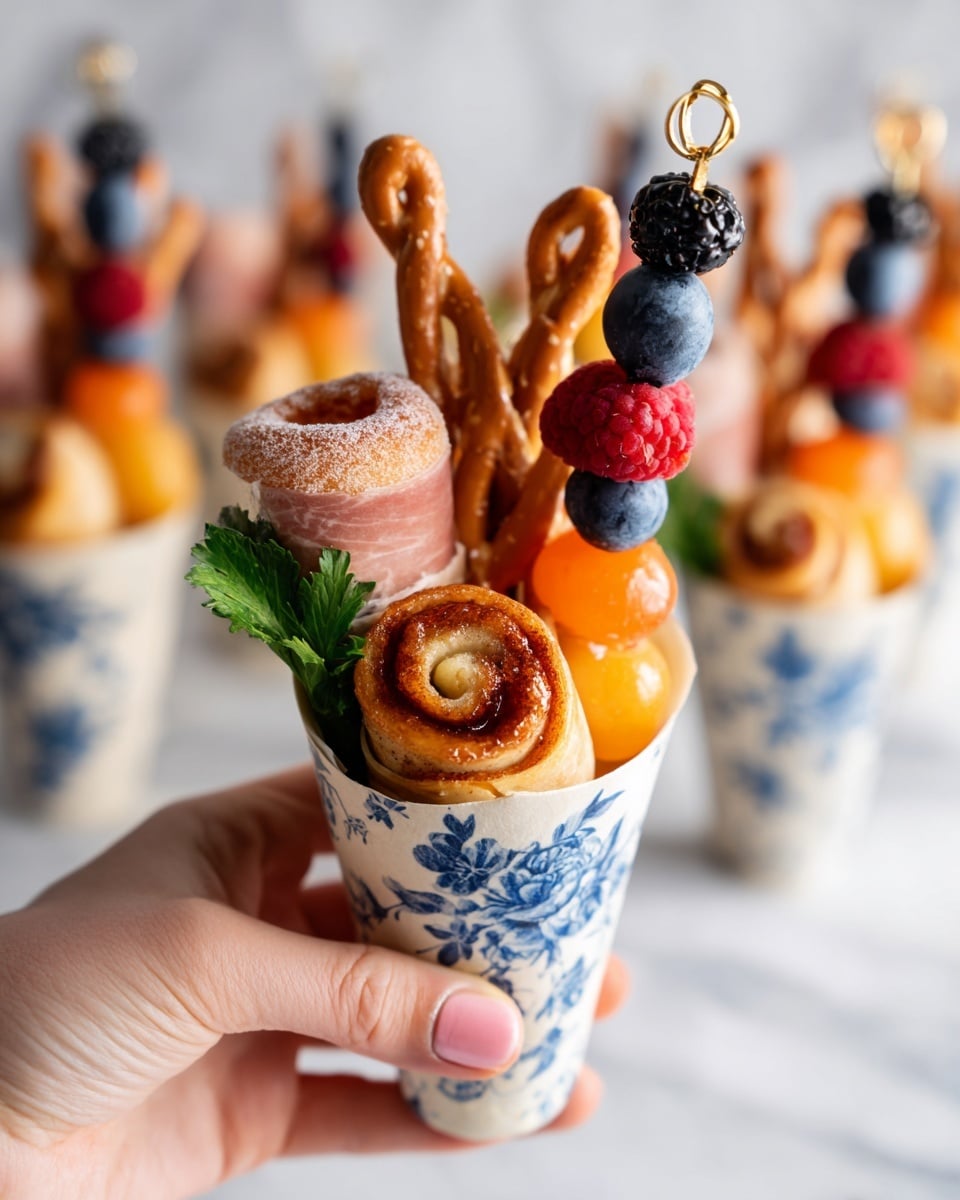 A white cup with blue floral patterns is filled with several colorful layers of food. At the front, there is a small cinnamon roll with white icing, showing its spiral shape and golden-brown texture. Behind it, there are two orange melon balls and a twisted orange pastry stick standing up tall. Next to the melon balls, thinly rolled slices of pink meat rest on green leaves. Skewers with shiny blackberries and blueberries add height and color on top, resting beside a powdered white doughnut hole and a bright red raspberry. A woman's hand with a gold ring and light pink nails holds the cup from the bottom against a soft white marbled background. Photo taken with an iphone --ar 4:5 --v 7