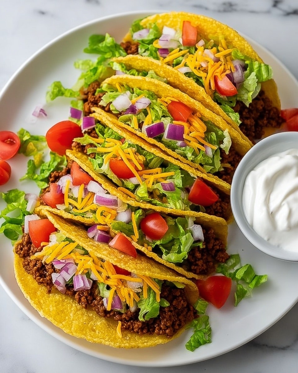 The image shows four yellow corn taco shells lined up on a white plate placed on a white marbled surface. Each taco is filled with several layers starting from the bottom with dark brown cooked ground beef, followed by leafy green lettuce, small red tomato pieces, diced purple onions, and topped with thin orange shredded cheese. Scattered small pieces of lettuce, tomato, onions, and cheese are visible around the plate. To the right of the tacos, there is a small white bowl filled with smooth white sour cream. Photo taken with an iphone --ar 4:5 --v 7