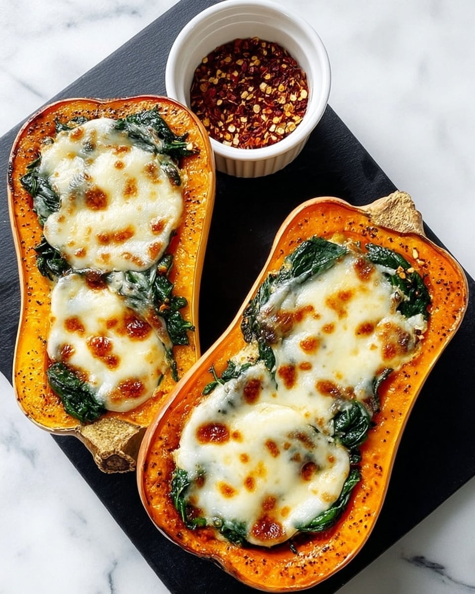 The image shows two halves of roasted butternut squash placed on a black board on a white marbled surface. Each squash half has three layers: the bottom bright orange roasted squash, then a layer of sautéed green spinach, and on top, melted white cheese that is slightly golden brown in spots. Next to the board, there is a small white ramekin filled with red pepper flakes. The skin of the squash is lightly browned at the edges. Photo taken with an iphone --ar 4:5 --v 7