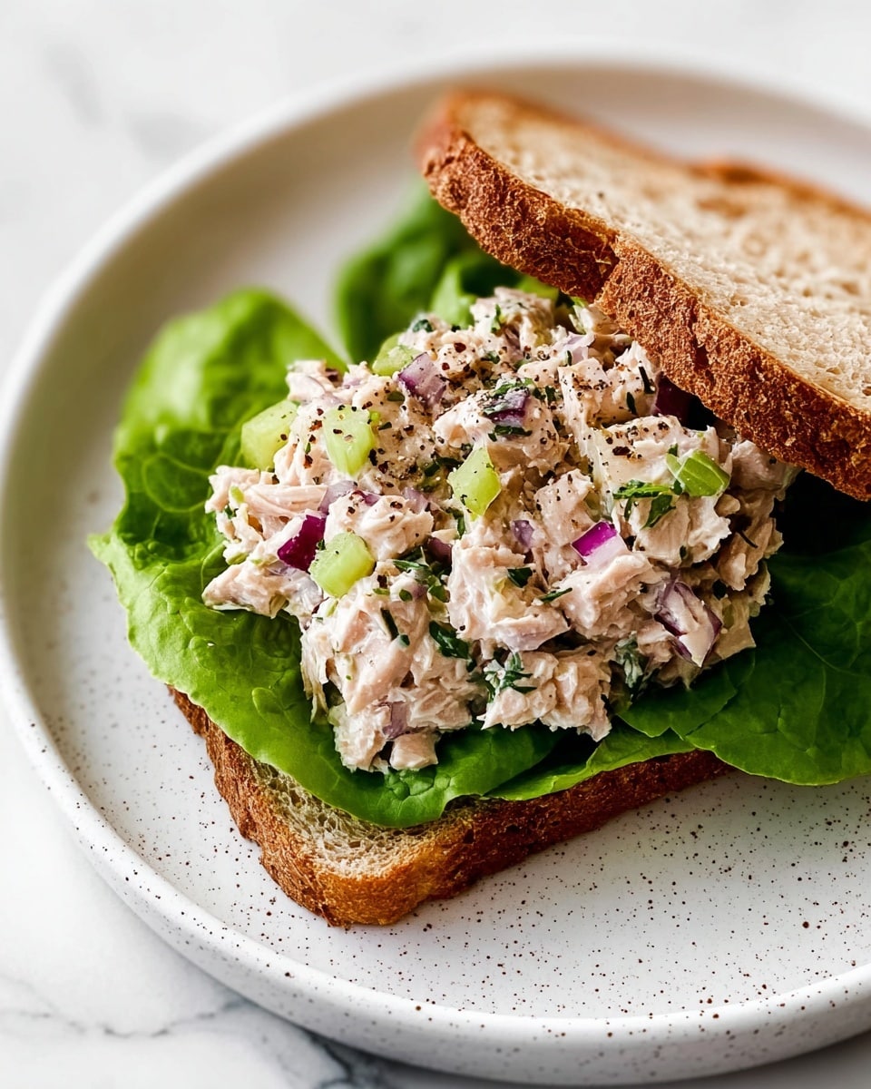 A sandwich with two slices of toasted whole wheat bread laid on a white plate with a white marbled texture background; the bottom slice is topped with a layer of fresh green lettuce leaves that curl slightly at the edges, and on top of the lettuce is a thick, uneven layer of tuna salad that contains small chopped pieces of red onion, celery, and fresh green herbs, with some black pepper sprinkled on top; the other slice of toasted bread lies on the plate to the right of the open sandwich. photo taken with an iphone --ar 4:5 --v 7