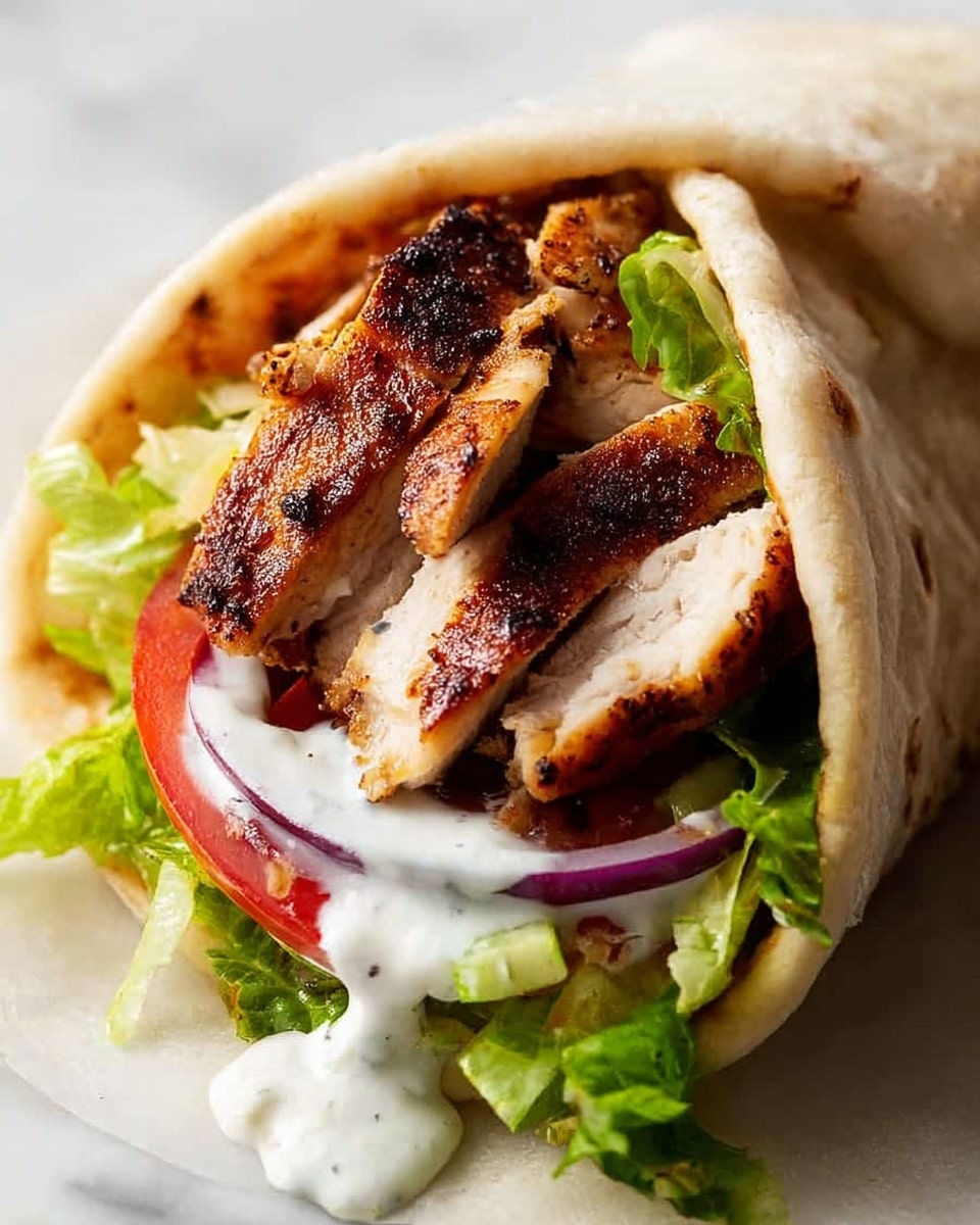 A close-up of a sandwich wrap showing layers starting with a soft, light beige flatbread wrapped around the fillings. Inside, the top layer has thick slices of well-cooked, dark brown grilled chicken with crispy edges and juicy inside. Below the chicken, there is a creamy white sauce dripping slightly. Fresh, bright green lettuce leaves and thin slices of red tomato and purple onion are layered beneath the sauce, adding crispness and color. The wrap is placed on a white marbled surface with a small edge of the sauce and lettuce falling out slightly, giving a fresh and appetizing look. Photo taken with an iphone --ar 4:5 --v 7