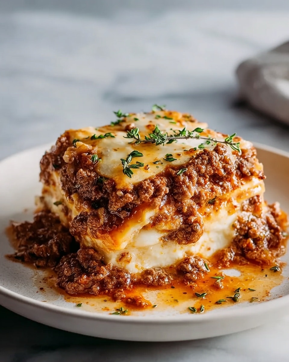 A thick, square slice of lasagna sits in the center of a white plate on a white marbled surface, layered with rich, brown ground meat sauce mixed with bits of tomato and orange melted cheese, alternating with pale, creamy layers of pasta sheets and white cheese sauce. The top is golden brown with melted cheese slightly crisped in spots, sprinkled with small green herb leaves, adding freshness to the hearty texture. Some sauce spills gently onto the plate around the slice, giving it a rustic, comforting look. Photo taken with an iphone --ar 4:5 --v 7
