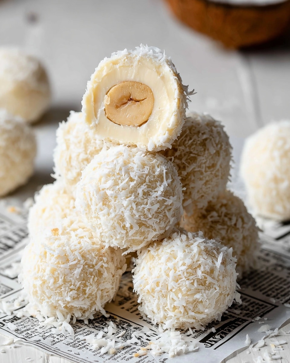 A pile of round white sweets covered in fine shredded coconut sits on a white sheet with black text. One sweet is cut open on top, showing three layers: an outer layer of shredded coconut, a soft cream-colored middle layer, and a small nut (likely cashew) in the center. The texture looks soft and creamy inside with a rough and flaky outside. Several whole sweets are scattered in the background on a white marbled surface. photo taken with an iphone --ar 4:5 --v 7