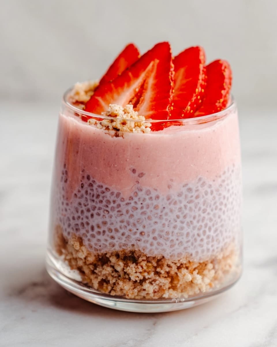 A clear glass shows a dessert with three layers: the bottom layer is light brown crumbly texture, the middle layer is pale pink chia pudding with tiny black seeds, and the top layer is a mix of more crumbly texture and a few fresh red strawberry slices arranged evenly on one side. The background is a white marbled texture. photo taken with an iphone --ar 4:5 --v 7