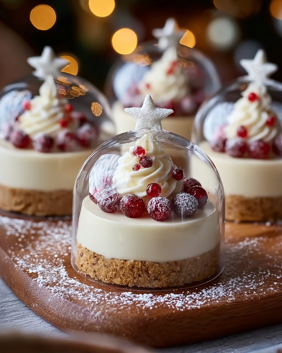 The image shows a small dessert with three visible layers placed on a white marbled surface with powdered sugar sprinkled around. The bottom layer is a light brown crumbly base, the middle layer is smooth and creamy white, and the top layer is a swirl of white whipped cream decorated with small shiny red balls and a white star-shaped topping covered in powdered sugar. Each dessert is covered by a clear dome. Photo taken with an iphone --ar 4:5 --v 7