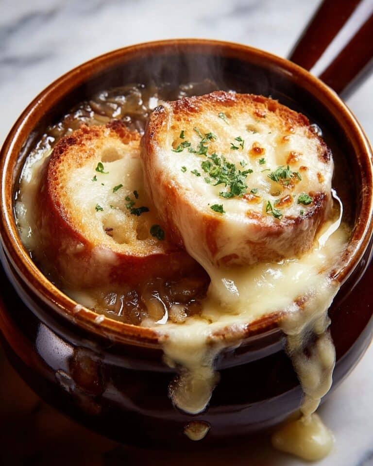 Classic French Onion Soup with Caramelized Onions, Gruyère, and Crispy Baguette Recipe