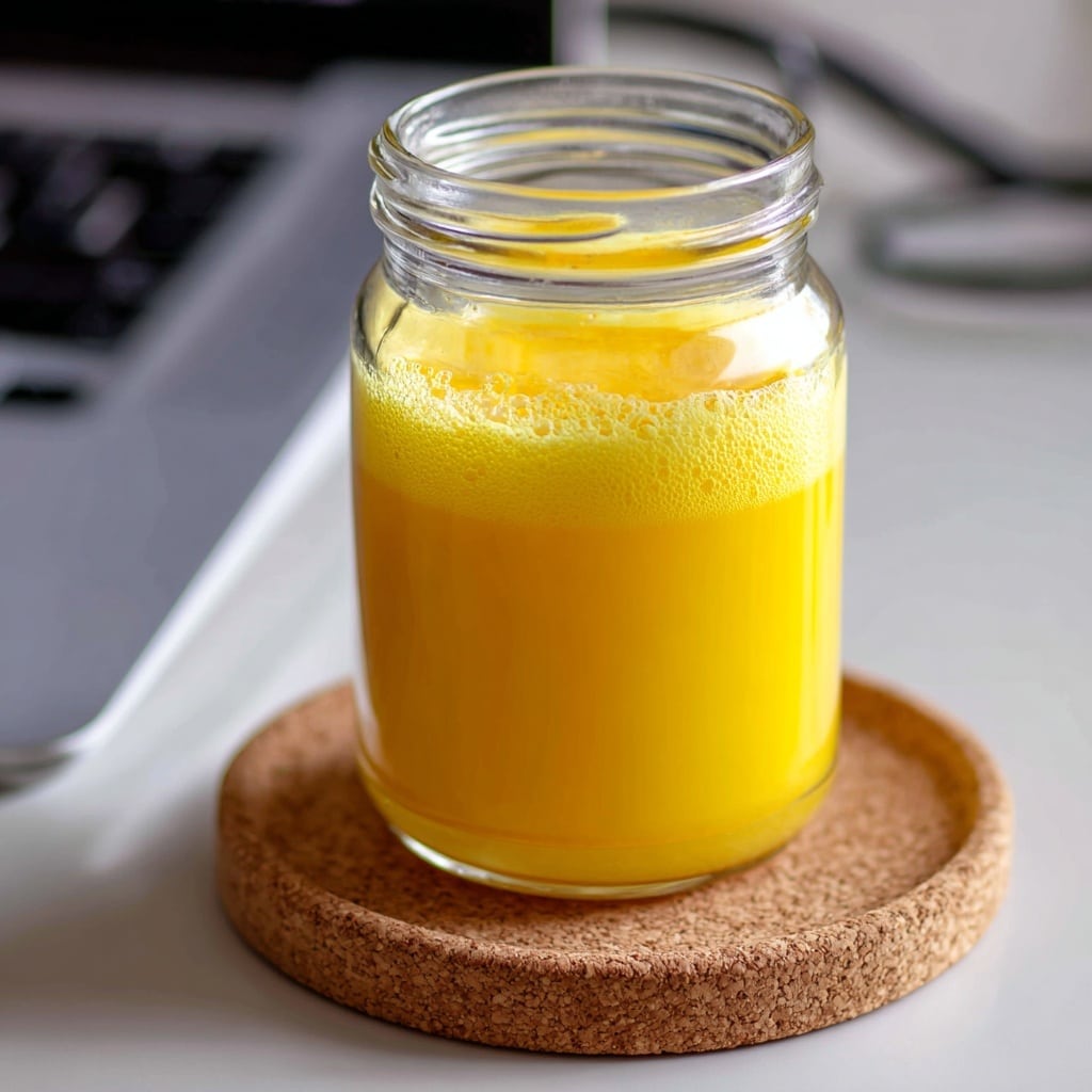 A clear glass jar filled nearly to the top with bright yellow turmeric water, showing a smooth texture with a thin layer of foam on top. The jar is placed at the center of a round cork coaster on a white marbled surface. The background includes a blurred computer monitor and cables, giving a casual indoor setting. The lighting is natural, highlighting the vibrant yellow color of the liquid. photo taken with an iphone --ar 4:5 --v 7