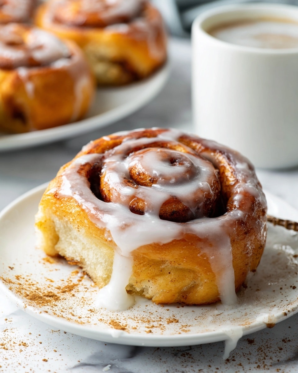 A soft, thick cinnamon roll sits on a white plate placed on a white marbled surface. The cinnamon roll has one main layer, spiraled, with a warm golden brown outer section and a pale, fluffy inside showing the dough’s airy texture. A creamy, white glaze slowly drips over the top and down the sides, adding a shiny and smooth contrast to the textured dough. Light cinnamon powder is sprinkled lightly around the base of the roll on the plate. In the background, a blurred white mug and a second plate with more cinnamon rolls can be seen softly out of focus. Photo taken with an iphone --ar 4:5 --v 7