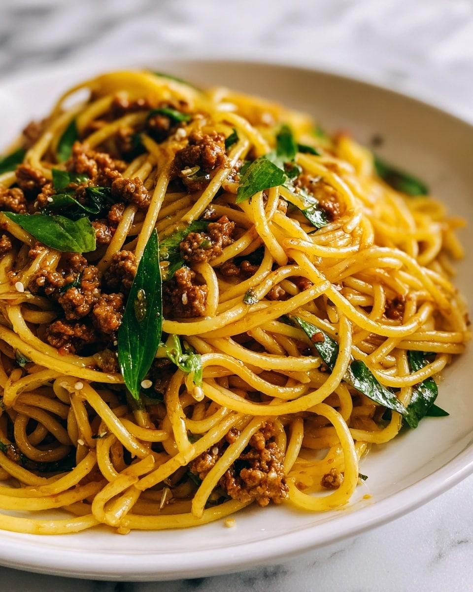 The image shows a close-up of a bowl filled with spaghetti mixed with ground meat and small green leafy vegetables. The spaghetti strands are light yellow and twisted around each other. The ground meat is brown and spread evenly throughout the pasta, coated with a reddish sauce. Green leaves are scattered on top, adding a fresh contrast to the dish. The bowl is white and sits on a white marbled surface. photo taken with an iphone --ar 4:5 --v 7