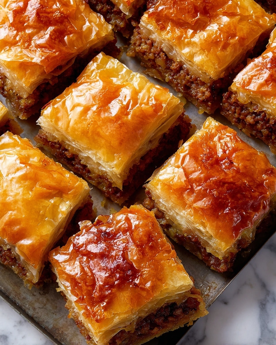 The image shows a close-up of several pieces of golden brown baklava in a baking tray. Each piece has multiple thin, crispy layers of flaky pastry on top, with a shiny, slightly oily surface from syrup or butter. Beneath the top pastry layers, there is a thick, dark brown filling made of finely ground nuts or minced meat that looks moist and crumbly. The pieces are cut into square shapes, and the edges are slightly crisp and flaky. The background is a white marbled texture. photo taken with an iphone --ar 4:5 --v 7