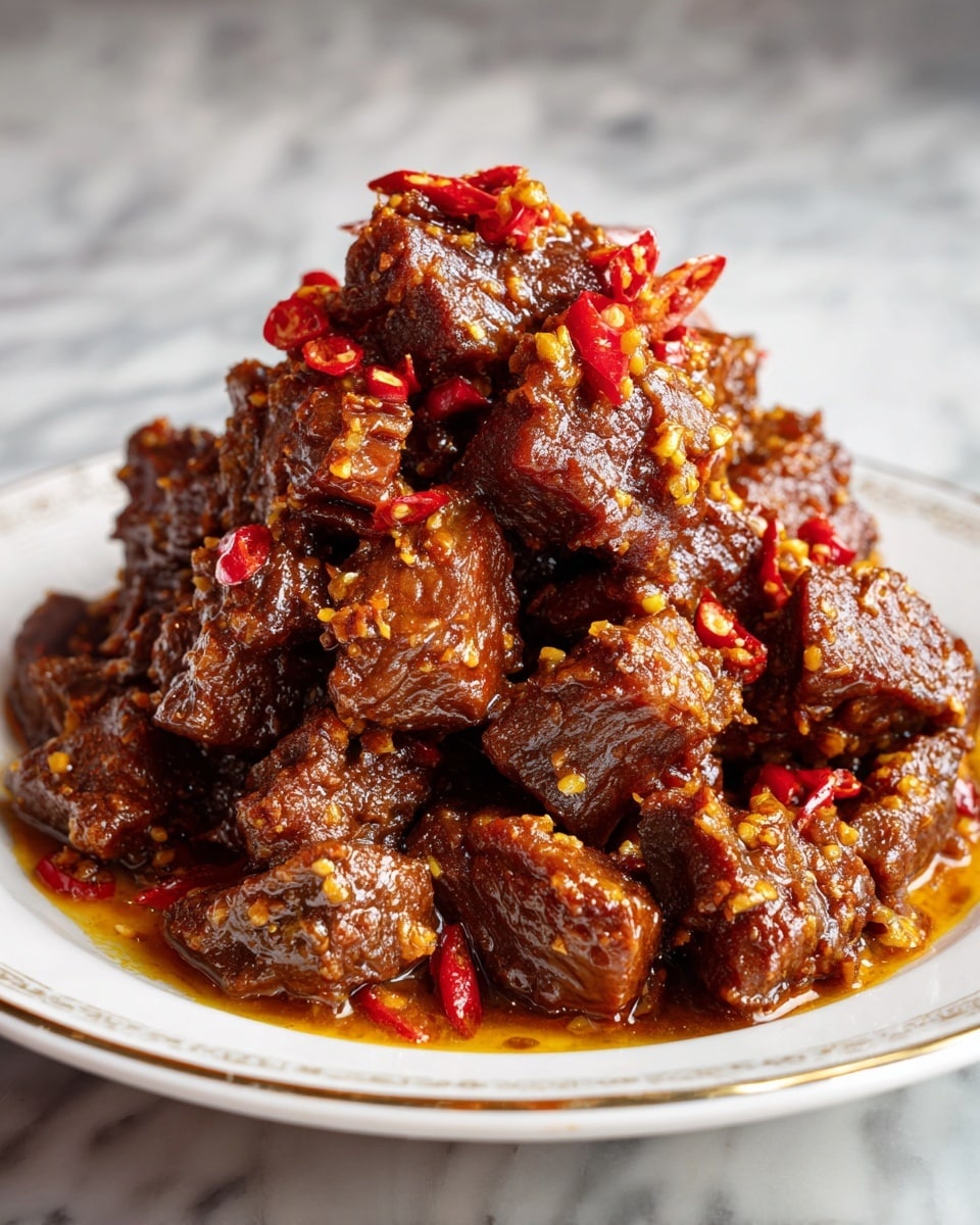 A close-up of a dark blue bowl filled with several layers of shiny, sticky, dark brown pieces of cooked meat stacked high. The meat has a rich glaze coating, with small bits of red chili and sesame seeds scattered throughout, giving it a textured and spicy look. The bowl sits on a white marbled surface. photo taken with an iphone --ar 4:5 --v 7