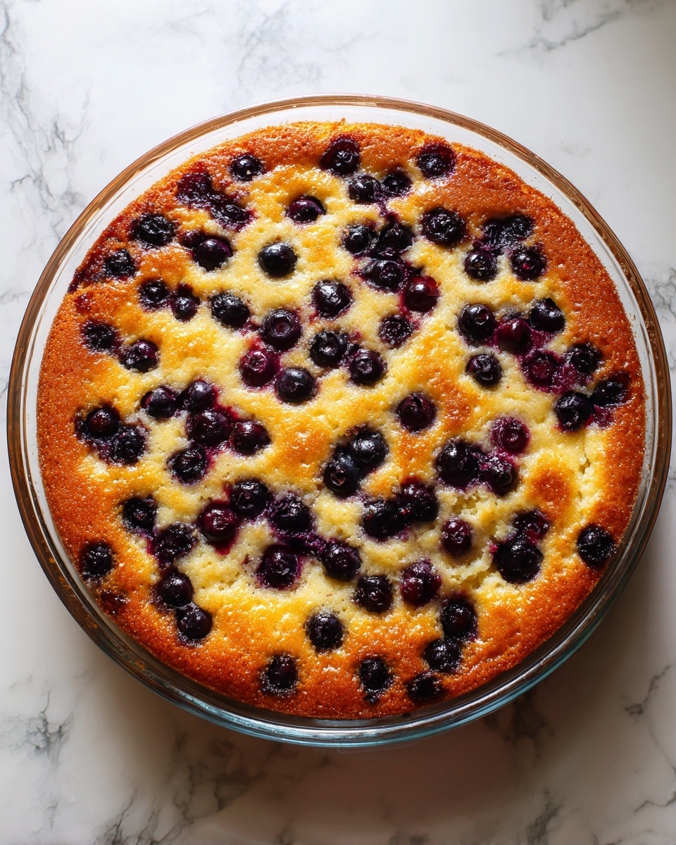 A round clear glass dish holds a baked creamy dessert topped with whole blueberries. The top layer is golden brown with patches of white cream visible, mixed with deep blue-purple spots where the berries have burst slightly. The blueberries are spread evenly across the top surface, adding texture and color contrast. The edges of the dessert are risen and browned, showing a fluffy and soft texture inside. The dish is placed on a white marbled surface. Photo taken with an iphone --ar 4:5 --v 7