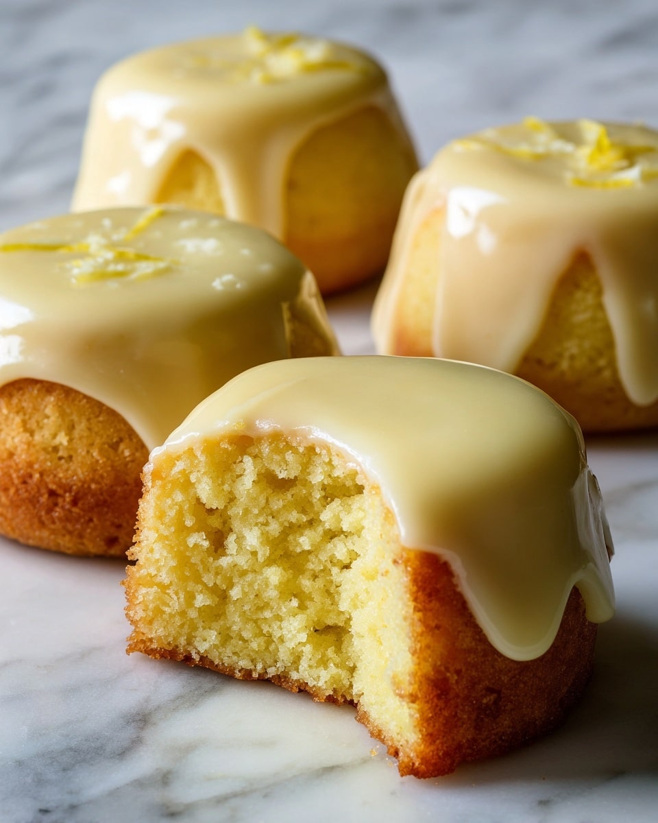 The image shows four lemon mini cakes arranged on a white marbled surface. Each cake has two layers: a bottom fluffy yellow sponge layer with a slightly crumbly texture and a top smooth, glossy white icing layer. The cake in the front is bitten into, revealing the soft, moist, and bright yellow inside with fine crumbs. The other three cakes stand behind it, showing the contrast between the pale yellow base and the smooth white icing that covers the top evenly. photo taken with an iphone --ar 4:5 --v 7