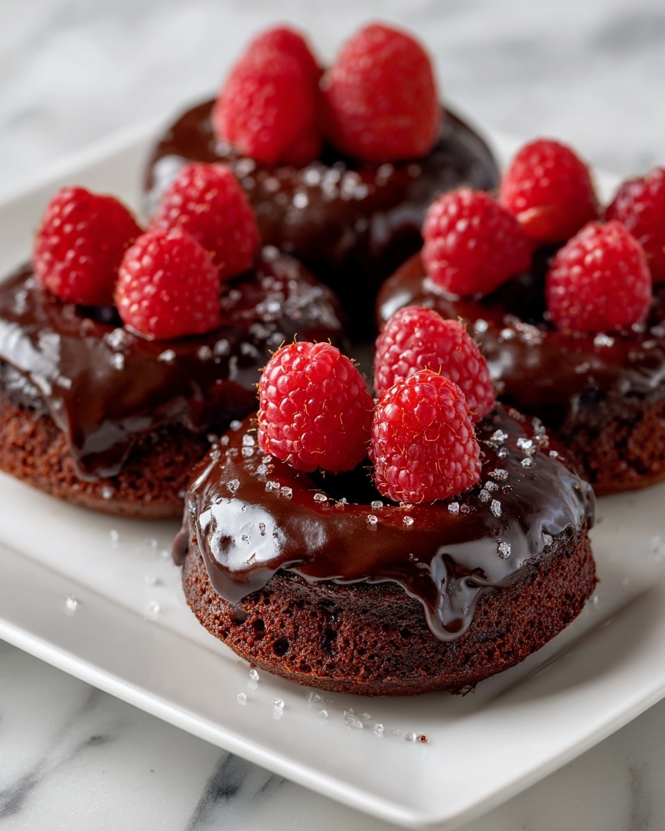 The image shows four chocolate donuts on a white plate, each donut has one thick layer of dark, glossy chocolate glaze that covers the top and drips slightly over the edge. On top of the glaze, there are several fresh bright red raspberries arranged close together on each donut. Around the raspberries, small pieces of chocolate bits and coarse white sugar crystals are sprinkled, adding texture. The plate is set on a white marbled surface. photo taken with an iphone --ar 4:5 --v 7