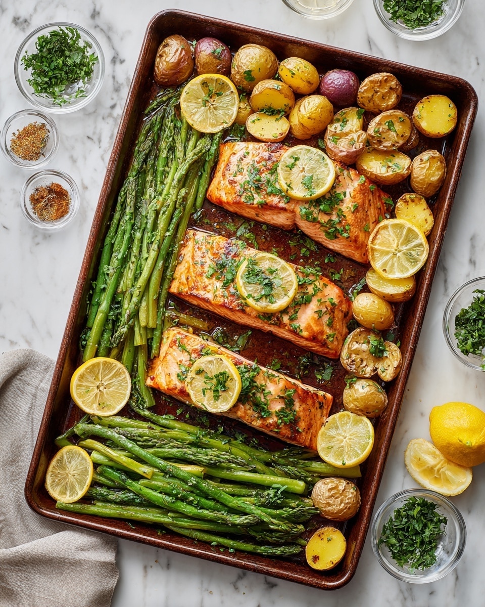 A baked sheet pan meal with three pieces of golden-brown salmon fillets in the center, each topped with fresh green chopped herbs. Surrounding the salmon are small roasted baby potatoes, some cut in half, showing a soft yellow inside and a slightly browned skin. On two sides of the tray, there are bright green roasted asparagus and green beans with a slight shine, topped with lemon slices. Thin lemon slices are also placed on top of the potatoes and salmon, adding a fresh yellow contrast. The tray is on a white marbled surface with small glass bowls of chopped herbs and spices nearby. photo taken with an iphone --ar 4:5 --v 7