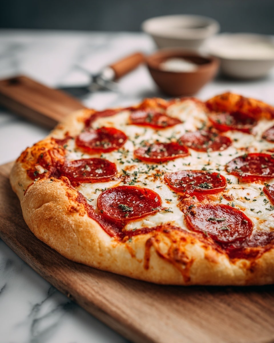 The image shows a pepperoni pizza on a wooden board. The pizza has one layer of golden-brown crust that is thick and puffy at the edge. The next layer is a smooth, melted white cheese covering the pizza base. On top of the cheese, there is red-brown pepperoni spread evenly, with about ten slices. Small specks of green herbs are sprinkled over the cheese and pepperoni. The wooden board rests on a red and white checkered cloth, and the background has a few blurred items including a white marbled texture that replaces the original background. The scene is warmly lit. photo taken with an iphone --ar 4:5 --v 7
