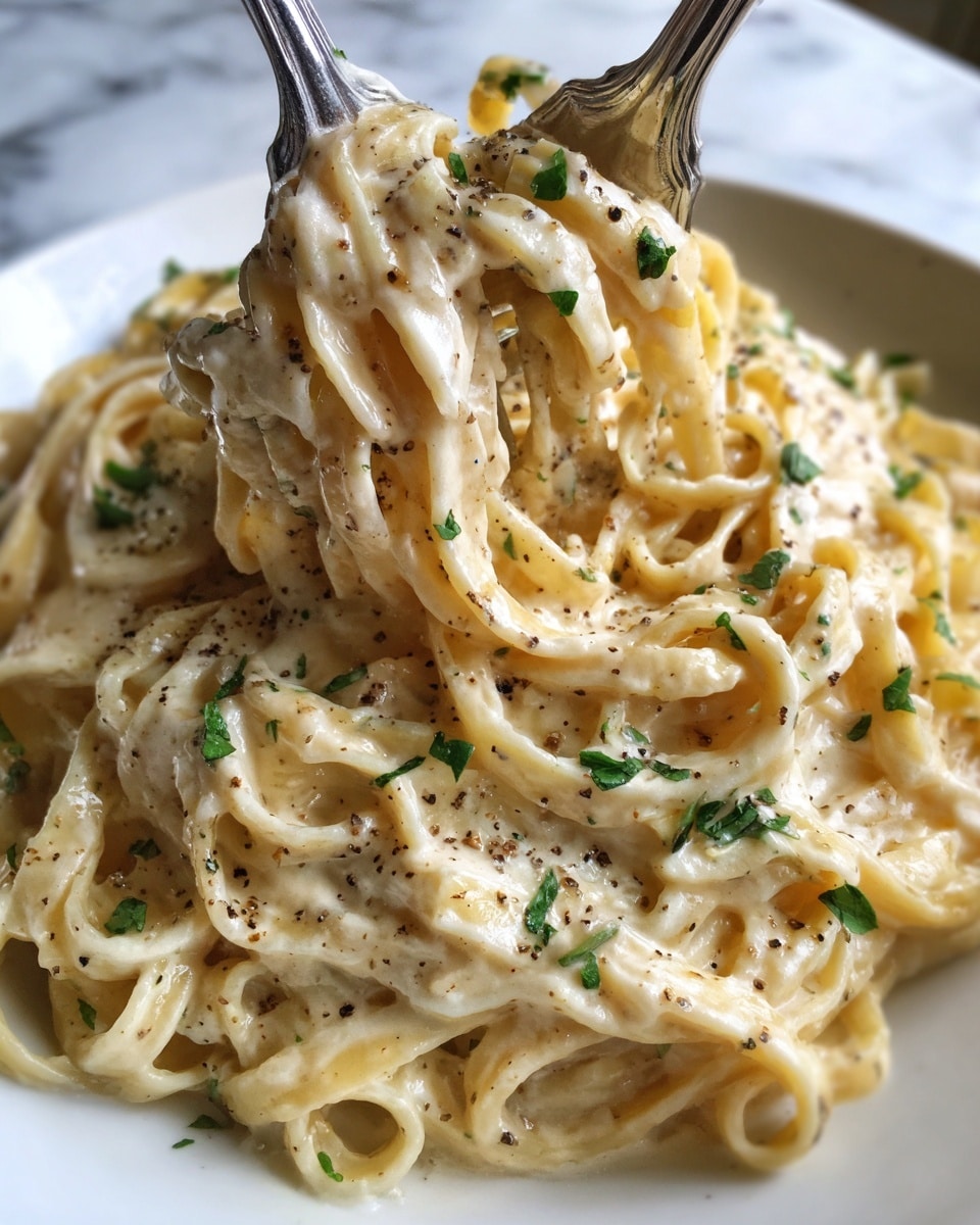 A close-up view of creamy fettuccine pasta coated in a smooth, pale yellow sauce, with some small green herbs like parsley sprinkled on top. The noodles are thick and folded over one another, showing a rich, glossy texture. Two silver forks are twirling the pasta, making the layers of sauce and noodles stand out clearly. The background is a white marbled surface that softly contrasts with the creamy pasta. Photo taken with an iphone --ar 4:5 --v 7