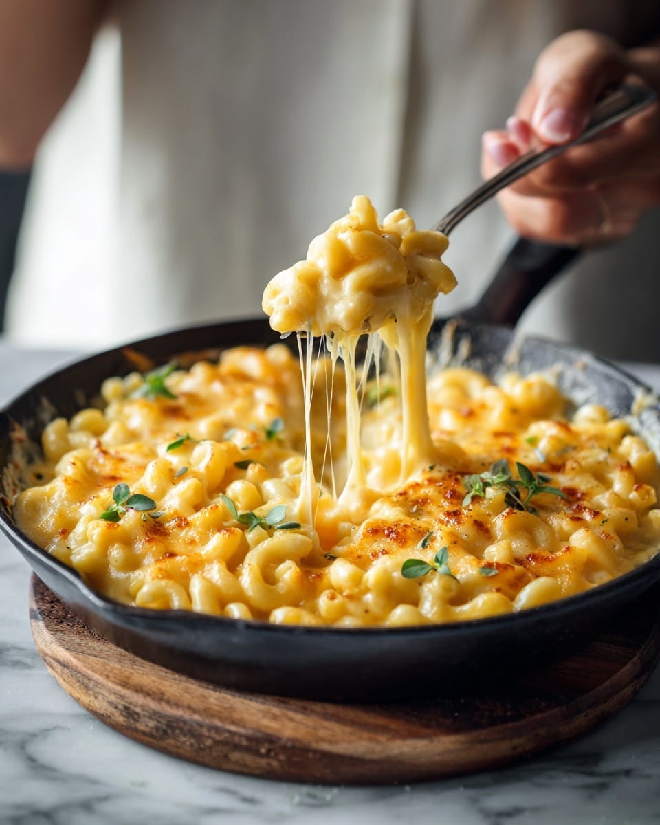 A blue skillet filled with creamy, golden yellow macaroni and cheese topped with melted, stretchy cheese and small green herb leaves, with a woman's hand holding a fork lifting a cheesy bite, set on a white marbled textured surface with a wooden board underneath the skillet and soft natural light highlighting the dish. photo taken with an iphone --ar 4:5 --v 7