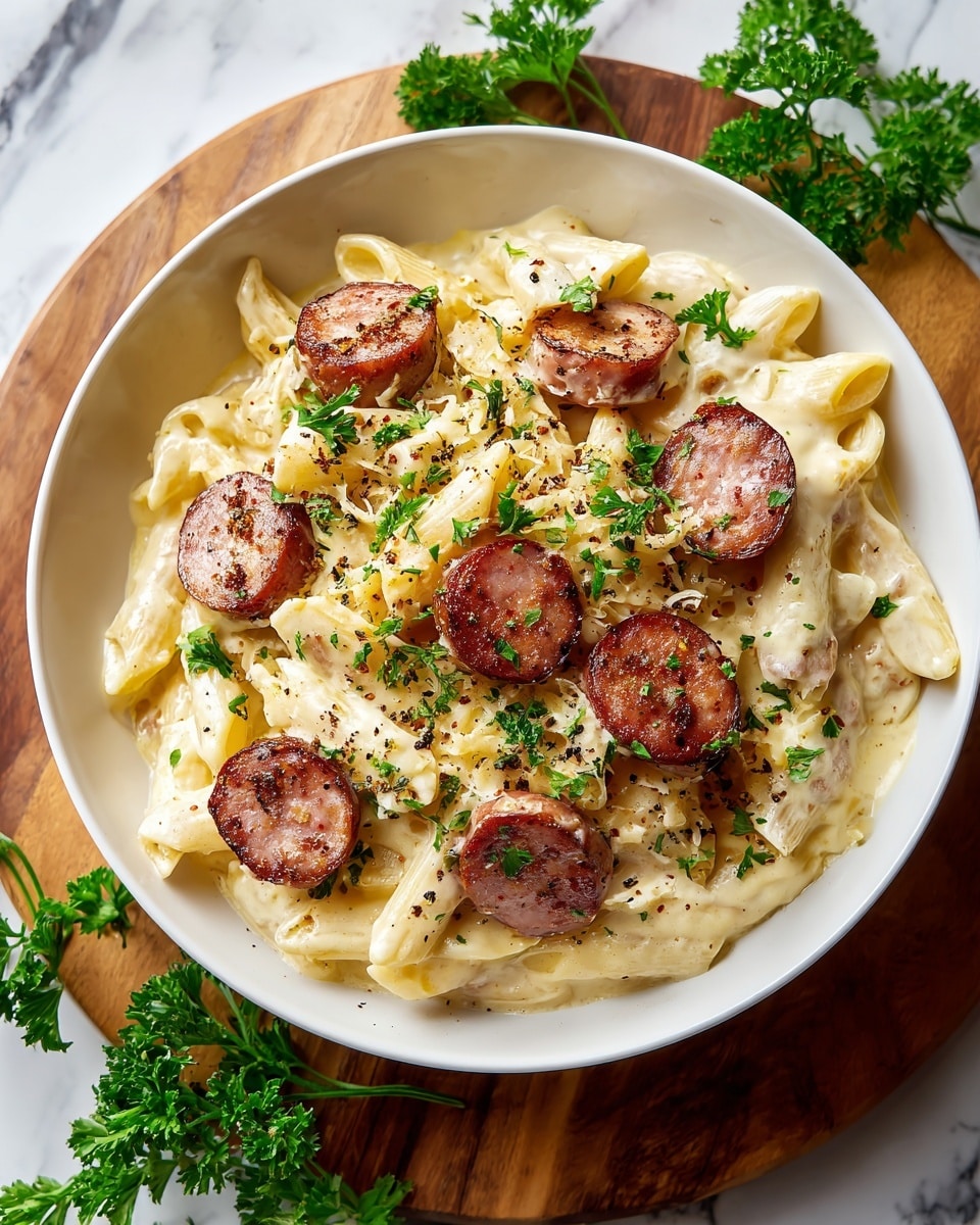 A white bowl filled with cooked penne pasta forms the base layer, light yellow with a creamy, smooth texture. On top sits a mound of melted cheese sauce, creamy white with a slightly shiny, soft texture. Scattered over the cheese are several thick, round slices of browned sausage, rich reddish-brown with specks of seasoning and a crispy outside. The dish is lightly sprinkled with fresh green parsley leaves and cracked black pepper, adding small spots of color and texture. The bowl sits on a dark brown wooden board against a white marbled surface background. Photo taken with an iphone --ar 4:5 --v 7