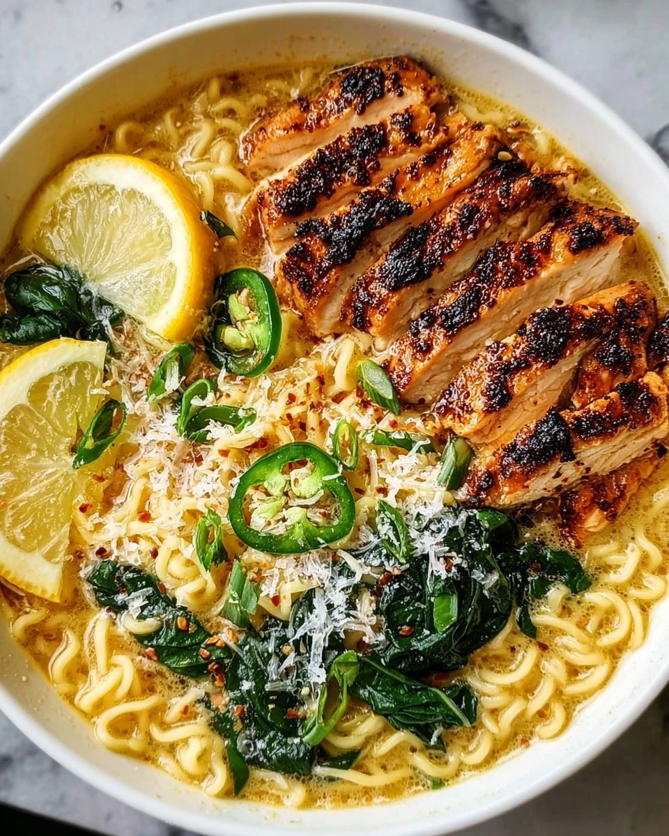 A white bowl filled with yellow curly noodles in a creamy broth, topped with grilled chicken slices showing charred marks and a golden brown crust, arranged in two groups on opposite sides of the bowl. Fresh, dark green spinach leaves are placed on two opposite sections, contrasting with the noodles. Thin green chili slices and a small mound of shredded white cheese are scattered near the center. A bright yellow lemon wedge sits on the edge near the top, with a few red pepper flakes sprinkled around for color. The bowl rests on a white marbled surface. photo taken with an iphone --ar 4:5 --v 7