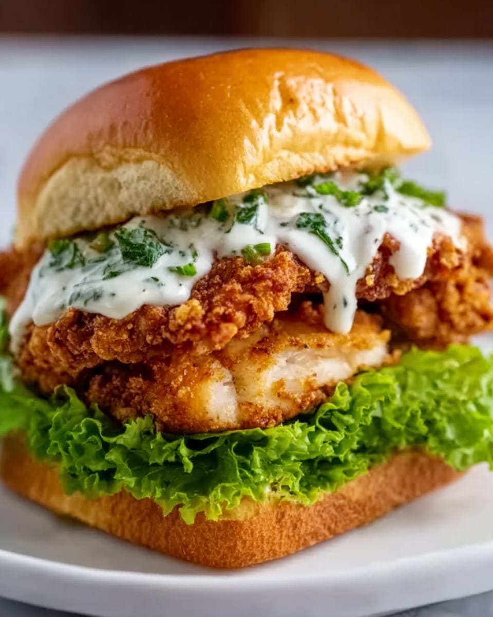 The image shows a sandwich with three main layers inside a soft, golden brown bun. The bottom layer is a fresh, bright green lettuce leaf that looks crisp. Above it is a thick piece of crispy fried chicken, golden brown with a crunchy texture. On top of the chicken, there is a white sauce with small green herbs, adding a creamy and fresh look. The sandwich sits on a white square plate against a white marbled textured background, and a woman's hand is gently holding the sandwich from the side. Photo taken with an iphone --ar 4:5 --v 7