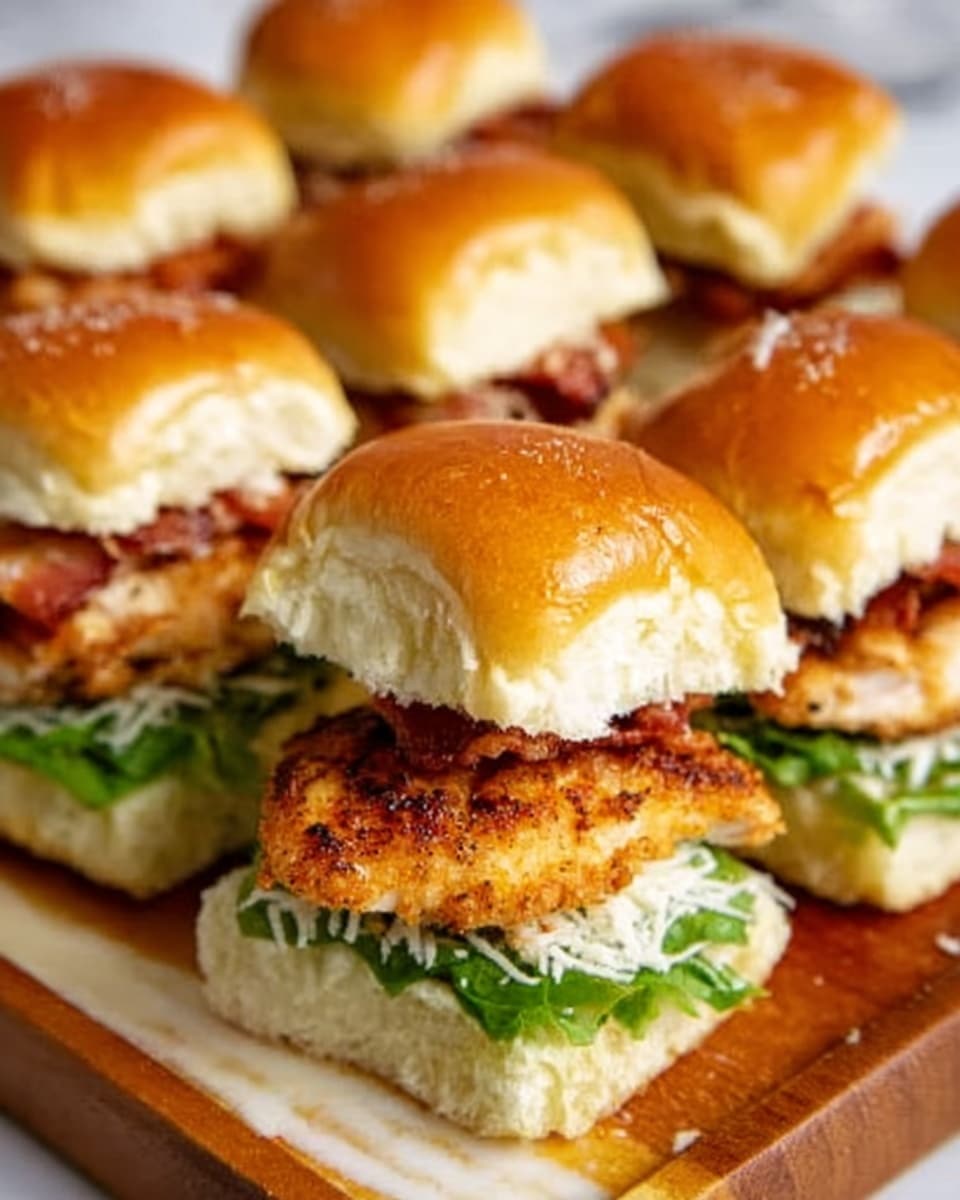 A group of small sandwich sliders is shown, each with three main layers: a soft golden-brown top bun that looks slightly shiny, a crispy cooked chicken fillet with grilled marks in the middle, and green leafy lettuce at the bottom, all sitting on a white bun base that is soft and fluffy. Each slider has a bit of crispy bacon peeking out between the chicken and the bun, and some white shredded cheese sprinkled lightly on top of the buns. The sliders are arranged close together on a wooden board with a white marbled surface in the background. Photo taken with an iphone --ar 4:5 --v 7