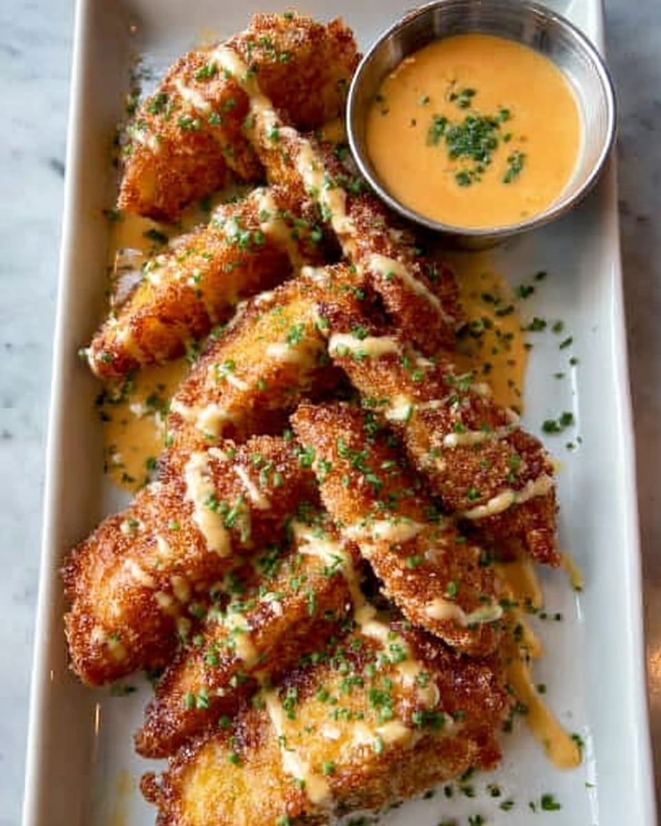 The image shows a rectangular white plate with several golden-brown, crispy fried wedges arranged closely together. Each wedge is drizzled with a light creamy sauce and sprinkled with finely chopped green herbs. At the top right corner of the plate, there is a small round metal bowl filled with a creamy orange dipping sauce, garnished with small green herbs. The plate is placed on a white marbled surface. Photo taken with an iphone --ar 4:5 --v 7