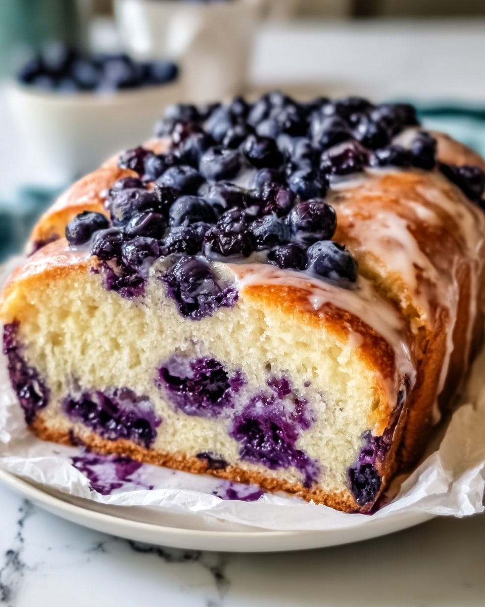 A close-up view of a sliced blueberry cake with two thick soft white layers inside, separated by a middle layer of dark purple blueberry filling that seeps into the white cake. The top is golden brown with glossy, cooked blueberries scattered over the surface, giving a shiny, slightly sticky look. The cake sits on a white plate lined with white parchment paper, placed on a white marbled surface. The photo is bright and clear, showing the texture and moistness of the cake. Photo taken with an iphone --ar 4:5 --v 7