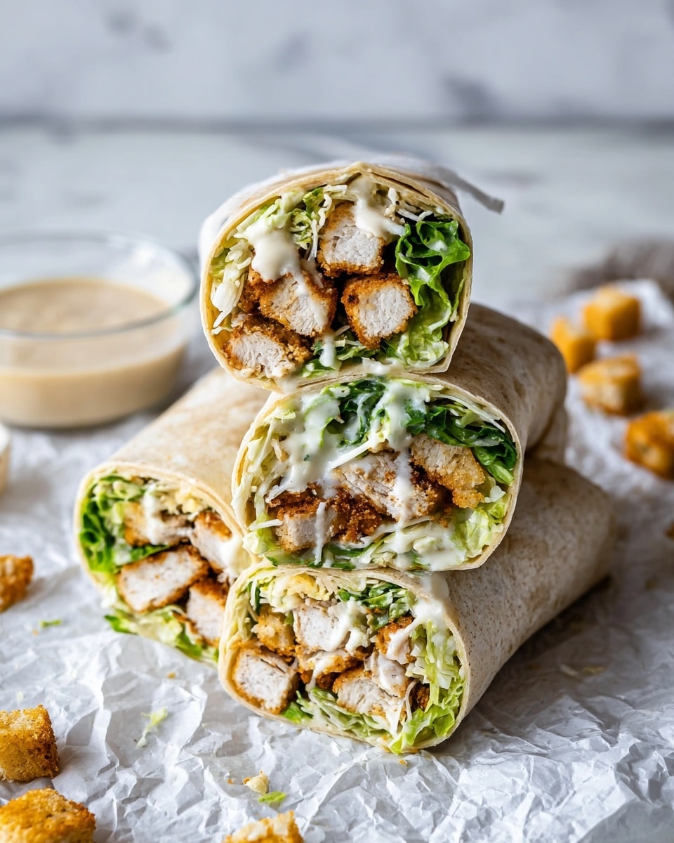 Three wraps are cut in half and stacked, showing layers inside. The outer layer is a soft, light brown tortilla. Inside, there are pieces of crispy golden-brown fried chicken, fresh bright green lettuce, creamy white dressing, and bits of shredded white cheese. The wraps rest on crumpled white parchment paper over a white marbled surface. In the blurry background, there is a small glass bowl of light creamy sauce and a few golden-brown croutons on a white dish. Photo taken with an iphone --ar 4:5 --v 7