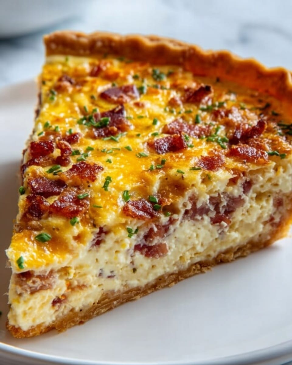 A single slice of quiche is shown on a white plate, placed on a white marbled surface. The quiche has three main layers: the bottom crust is golden brown and looks crispy; the middle layer is creamy and pale yellow with visible bits of cooked bacon or ham scattered throughout; the top layer is melted golden cheese with some browned spots and small green herbs sprinkled over it. A woman's hand is gently holding the edge of the plate. Photo taken with an iphone --ar 4:5 --v 7